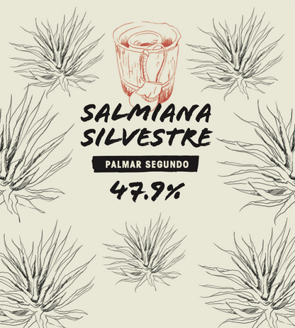 label for the Salmiana Silvestre - Palmar Segundo, San Luis Potosí. Small batch Mezcal exclusively available at Sin Gusano