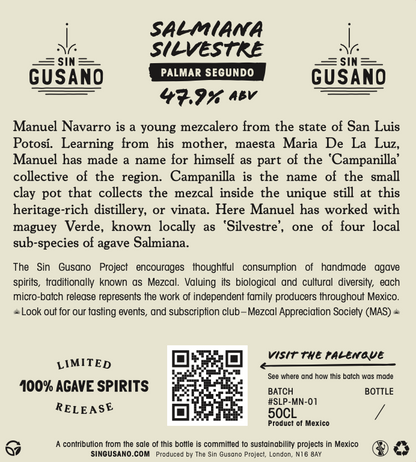 information label for the Salmiana Silvestre - Palmar Segundo, San Luis Potosí. Small batch Mezcal exclusively available at Sin Gusano