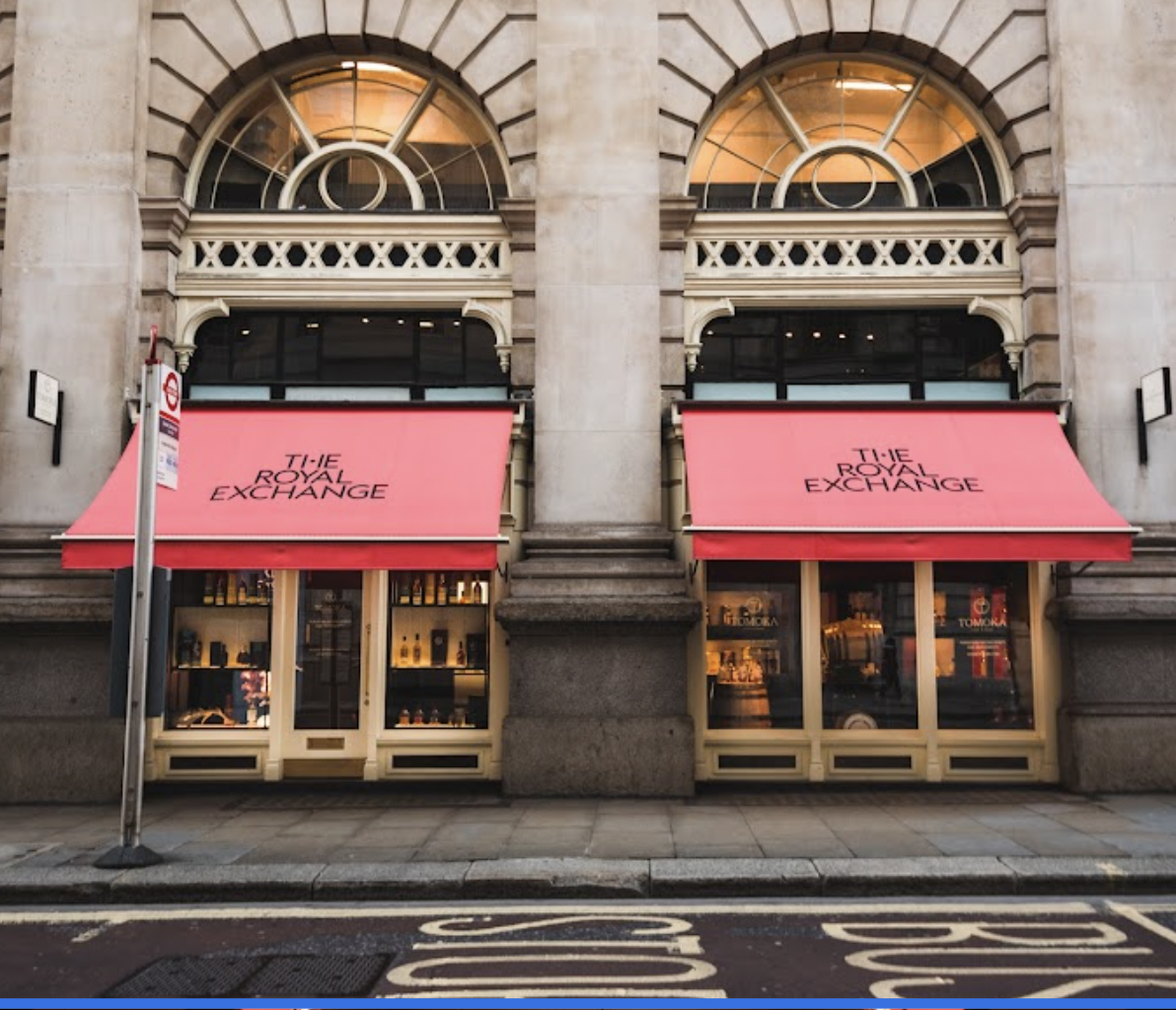 The front windows of the Royal Exchange where a mezcal tasting is taking place hosted by the Sin Gusano project