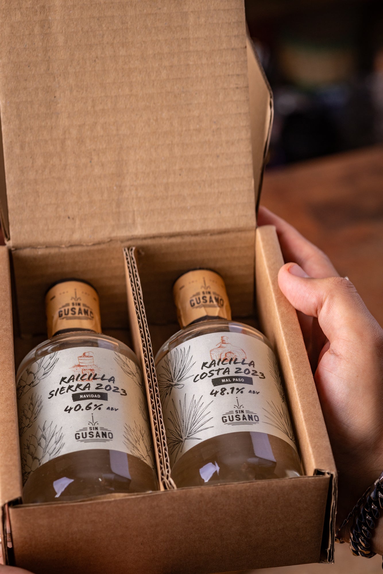 Two bottles of Raicilla Costa 2023 mezcal from the Mezcal Appreciation Society in a cardboard box held by a hand.