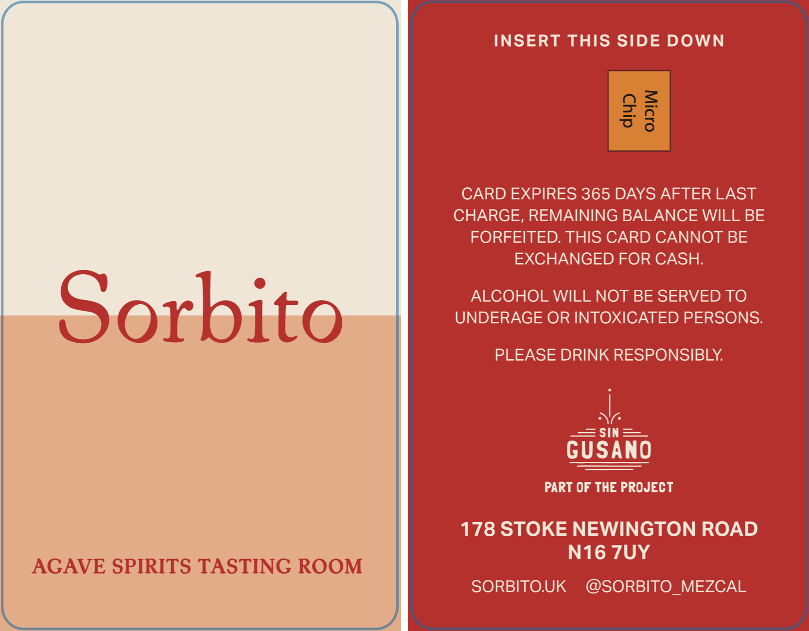 Tasting card for the Sorbito agave spirit and tasting room