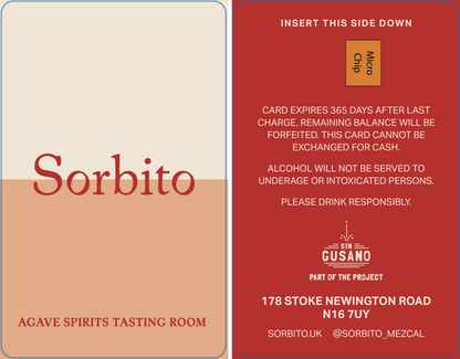 Tasting card for the Sorbito agave spirit and tasting room