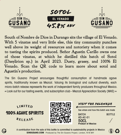 information label for the Sotol - El Venado small batch mezcal exclusively available at Sin Gusano