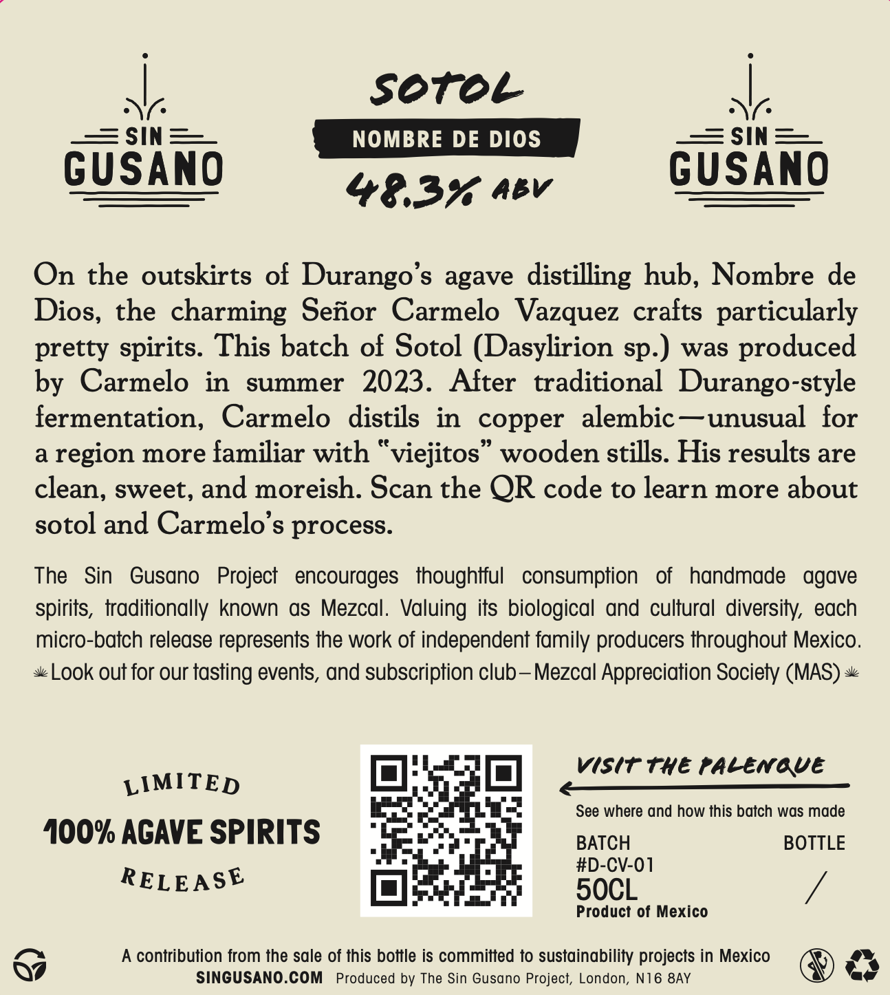 information label for the Sotol - Nombre de Dios small batch Mezcal available exclusively with Sin Gusano