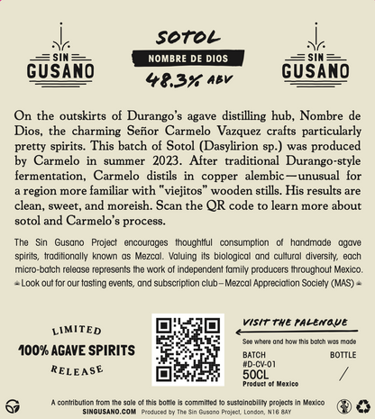 information label for the Sotol - Nombre de Dios small batch Mezcal available exclusively with Sin Gusano