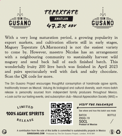 Back label of the Tepextate - Amatlán Mezcal. Limited bottling available at Sin Gusano 