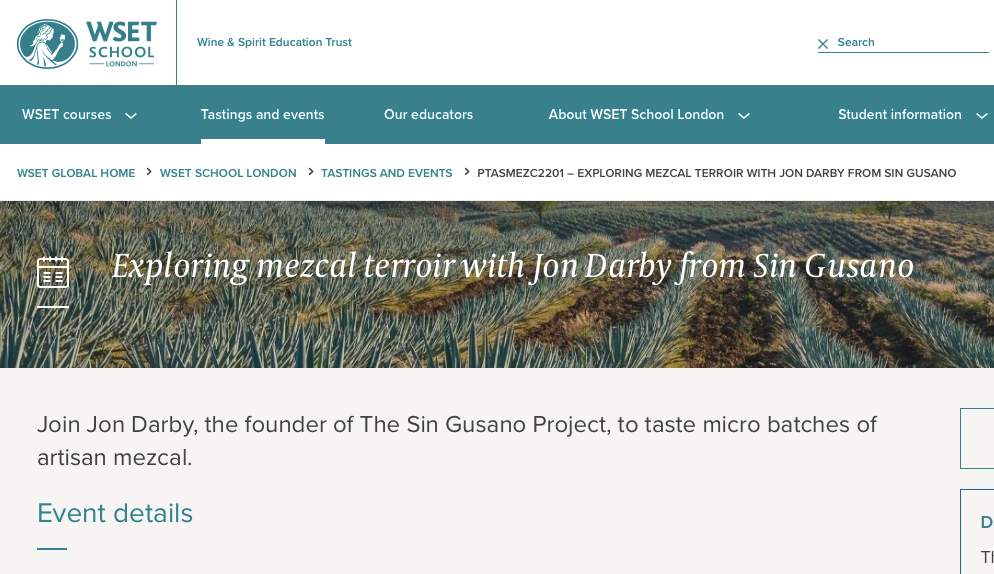 A screenshot of the WSET website showing a mezcal tasting event held by Jon Darby from the Sin Gusano project