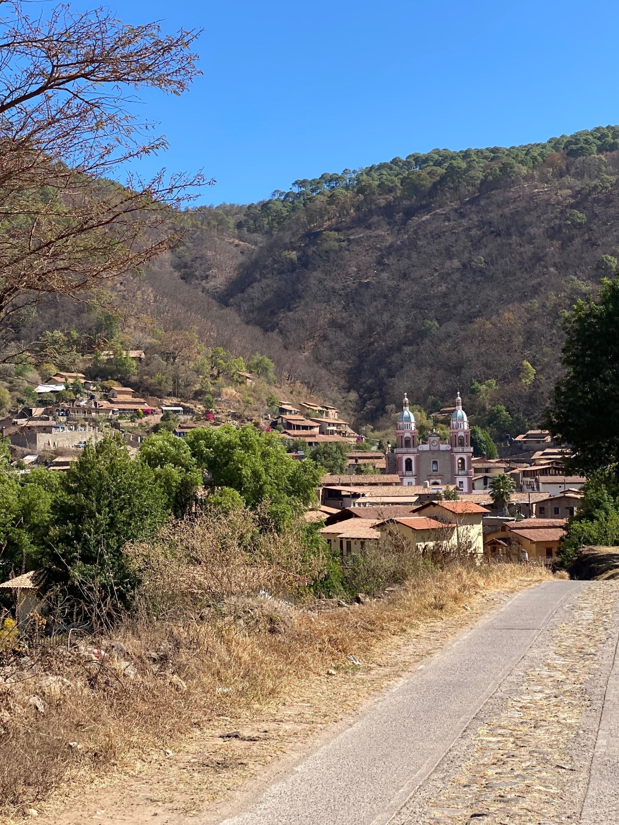 a road in Mexico leading to a small town where you'll find people making their own mezcal