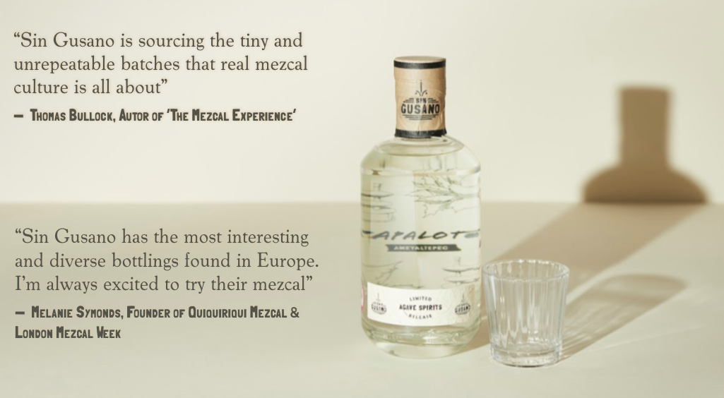 a bottle of mezcal and great reviews for the Sin Gusano project Mezcal Appreciation Society